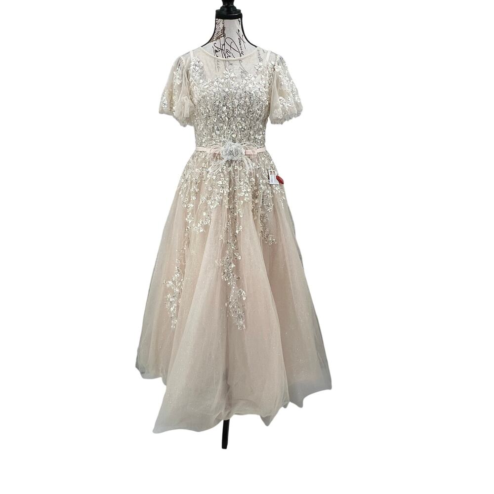 Mac Duggal 20362 Beige Embellished Flutter Sleeve Bow Waist A-Line Gown size 6 - Picture 3 of 14